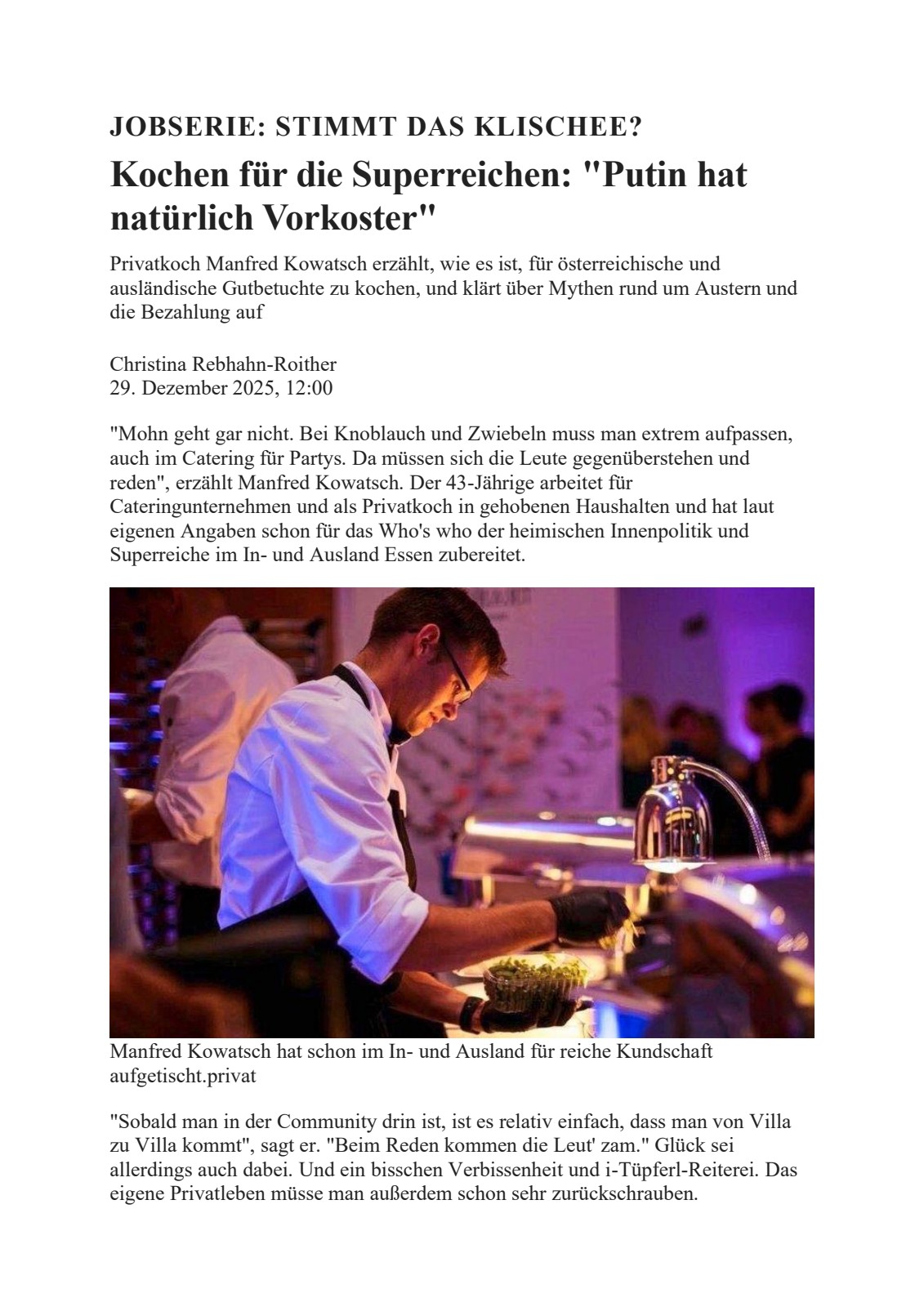 Der Standard: Kochen für die Superreichen – „Putin hat natürlich Vorkoster"